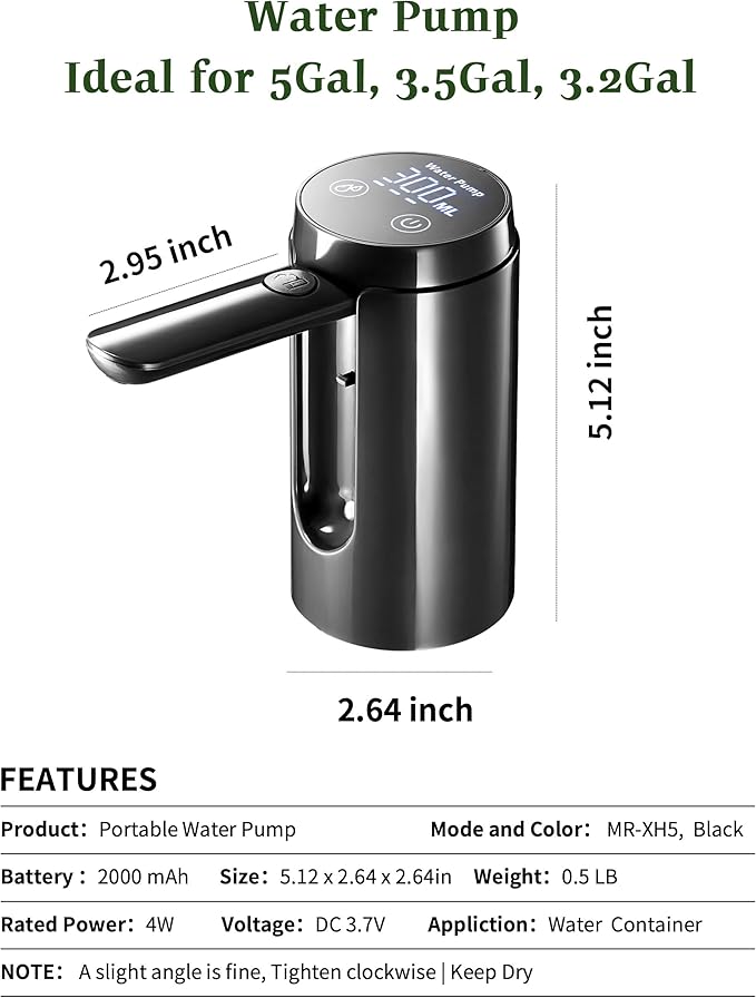 UPWOIGH Automatic Water Pump for Square Camping Water Jug, Screw-Lock Fit 1.97in (50mm) Outer Thread Only, Type-C Rechargeable Touch Dispenser, Black, Not for Standard Bottles