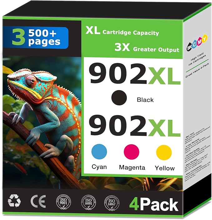 902XL Ink Cartridges Compatible for HP 902 Ink Cartridges Combo Pack Work with HP Printer OfficeJet Pro 6978 6968 6960 6958 6970 6975 6950 Printer Ink Black Color Cyan Magenta Yellow 902 Ink (4 Pack)