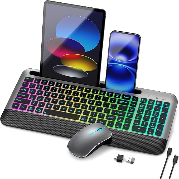JOYACCESS Silent RGB Backlit Wireless Keyboard Mouse Set, Rechargeable 3000mAh Keyboard, Ergonomic Wrist Rest, 2.4G USB‑A/C, for PC Mac Laptop Office - Space Gray