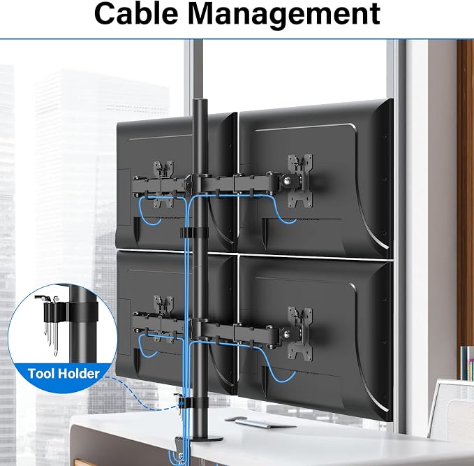 MOUNTUP Quad Monitor Stand, 4 Monitors Desk Mount for 17 to 32 inch Computer Screens, Fully Adjustable Stacked Mount with Tilt Swivel, 4 Heavy Duty Monitor Mount, Holds up to 17.6lbs per Arm