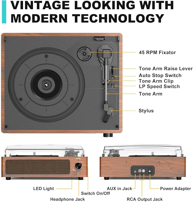 Vintage Record Players for Vinyl with Speakers Belt-Driven Retro Turntable LP Player Support 3-Speed, Bluetooth Playback, AUX-in, Headphone, RCA All-in-one Auto Stop Phonograph Wooden Brown