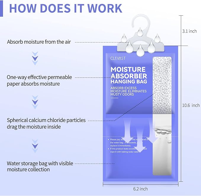 CLEVAST Moisture Absorbers Packets 10 Pack, Dehumidifier Bags for Closet, Unscented Hanging Humidity Absorber in Wardrobes, Bedrooms, Bathrooms