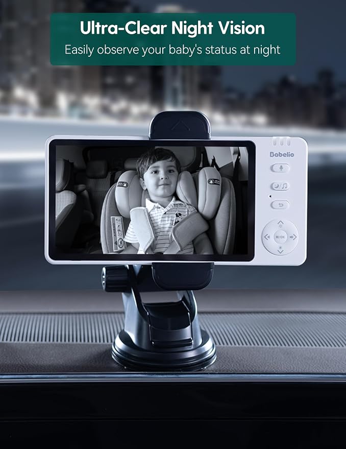 Babelio Wireless Baby Car Camera with 5" HD Night Vision, Battery-Powered Rear Facing Car Seat Monitor for Kids and Pet, Easy Install 360° Rotatable Backseat Mirror, Newborns Travel Essentials Gifts