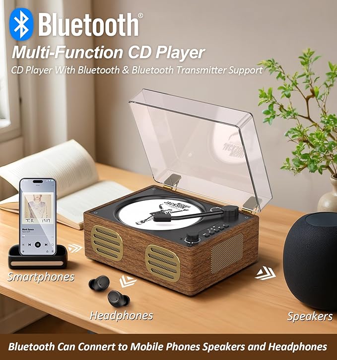 Walnut Wood CD Player with Speakers, Bluetooth Retro Portable Music Player for Home, Wired & Remote Control