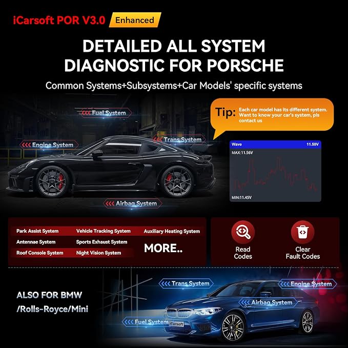 iCarsoft POR V3.0(Enhanced) Bidirectional Diagnostic Tool for Porsche/BMW, All System, 27 Resets (234 Sub-Resets) + Extra Services +1333 Test Items for Porsche, 16 Reset +ECU Coding for BMW