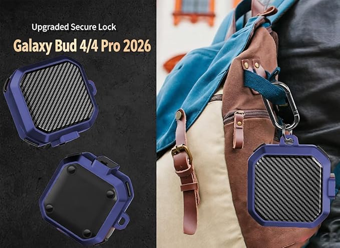 Galaxy Buds 4 Pro/Buds4 Case Cover with Secure Lock Clip, Shockproof Samsung Galaxy Buds 4/4 Pro 2026 Protective Hard Cover Shell with Carabiner&Cleaner kit for Men Women, Black/Blue