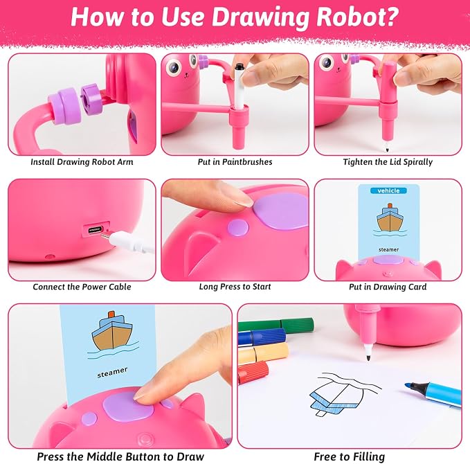 TREEFIA Drawing Robot for Kids, Drawing Robot for Kids 6 7 8 9 10 11 12 Year Old, Doodle Bot Toy with 100 Drawing Cards & 16 Color Pens for Girls and Boys