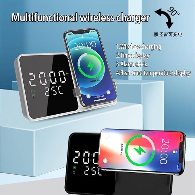 Multi-Function Wireless Charging Station with Digital Clock & Thermometer, 15W Fast Qi-Certified Charger, Alarm Clock, Fixed Stand Compatible with All Qi-Enabled Phones-W5 White