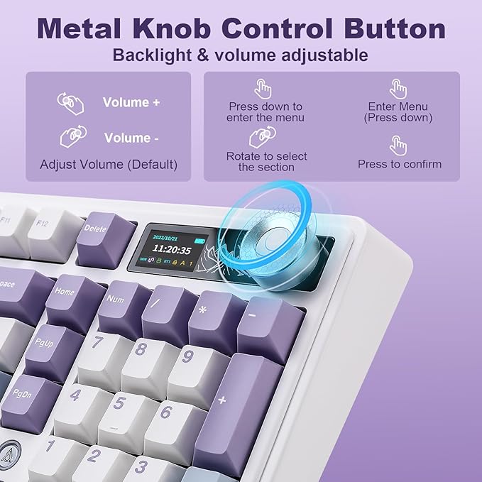 AJAZZ AK980 Mechanical Keyboard, Creamy & Thocky with Smart Display & Knob, 98% Wireless Tri-Mode BT/2.4G/USB-C, Hot Swappable, RGB Light for Win & Mac (Purple, Murad Switch)