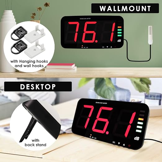 Decibel Meter Recorder 13 Inches Sound Level Meter, Wall Mount Noise Meter for Classroom Sound Meter with 16.4ft Sensor, Buzzer Alarm and Unlimited Data Logging, Noise Meter Decibel for Studio, Home