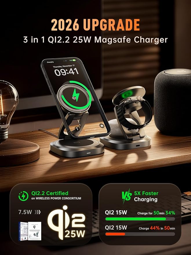 3-in-1 Foldable Qi2.2 25W Magnetic Wireless Charger Stand for iPhone Black | 360° Rotatable Charging Station for Airpods & Apple Phone Watch Earbuds for Travel Desk Home (No Adapter)