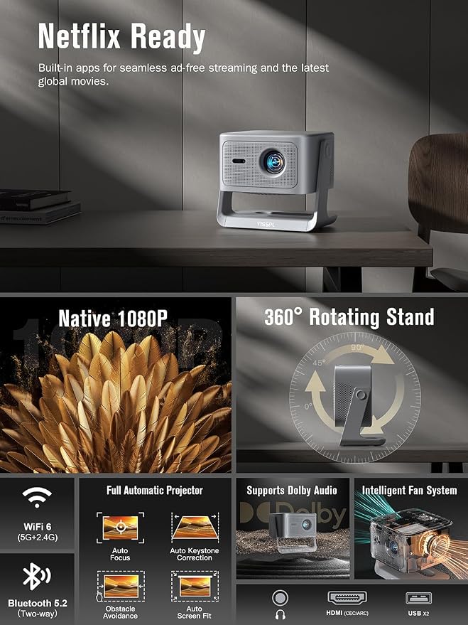 【Officially-Licensed APP & 2500ANSI】Smart 4K Projector with WiFi and Bluetooth, VISSPL Native 1080P Auto Focus & Keystone Portable Outdoor Projector, 4K Support Home Movie Projector Grey