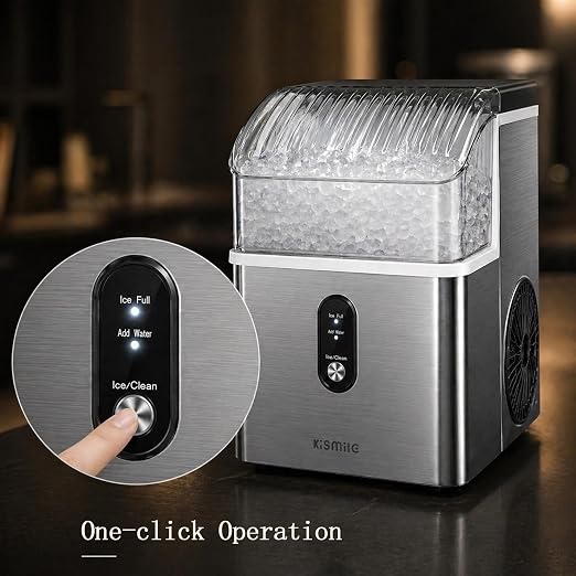 Kismile Nugget Ice Maker Countertop, Sonic Ice Maker with 35Lbs/24H, First Ice in 7 Mins, 1.2L Water Tank, Ice Basket Holds 2.2Lbs, Self-Cleaning Pebble Ice Machine for Home Kitchen Office Bar(Silver)