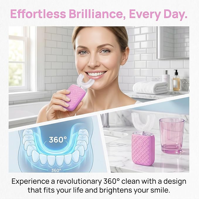 Sonic Electric U Shaped Toothbrush for Adults, Automatic Full Mouth Cleaning Toothbrush, 360° Stain Removal, IPX7 Waterproof Rechargeable, 3 U-Shape & 2 Straight Brush Heads (Pink-Cup)
