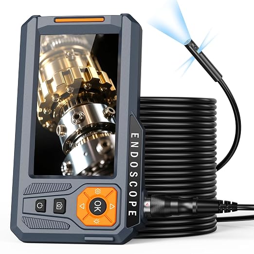 Triple Lens Borescope with 32G Card, Ginocaco 5" IPS Endoscope Camera with Light Support Photo/Video, IP67 Waterproof Snake Camera with Semi-Rigid Cable for Automotive, Plumbers, HVAC(16.4Ft)