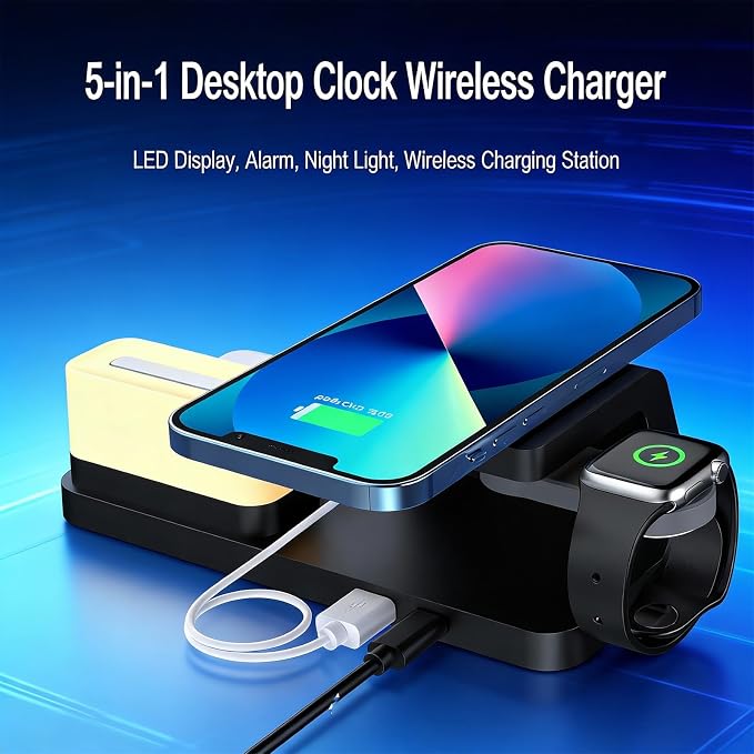 3-in-1 Wireless Charging Station with Digital Clock & Night Light, 15W Fast Qi-Certified Charger for Phones, Smartwatches & Earbuds | Charges 3 Devices Simultaneously, HT309 Black.