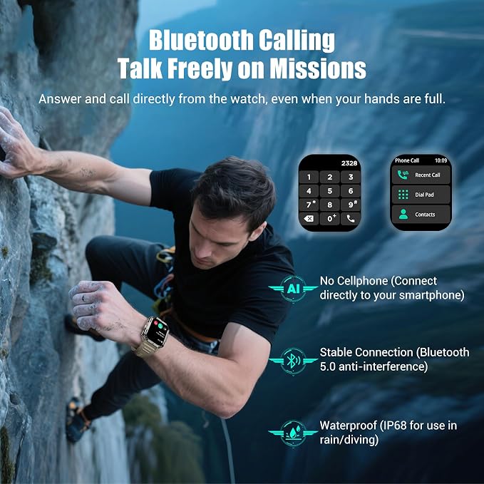 Military Smart Watch for Men (Answer/Make Calls), 2.01" Fitness Watch Tracker with 100-Day Battery/Flashlight/Compass/Heart Rate/120+ Sports Modes/IP68 Waterproof Smartwatch for iOS Android(2 Straps)