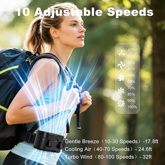 Rechargeable Waist Fan with Ice Cooling, High-Speed Neck Belt Clip-on Fan with 10 Gears, LED Display & Flashlight, Hands-Free Personal Fan for Work Outdoor Travel, Black