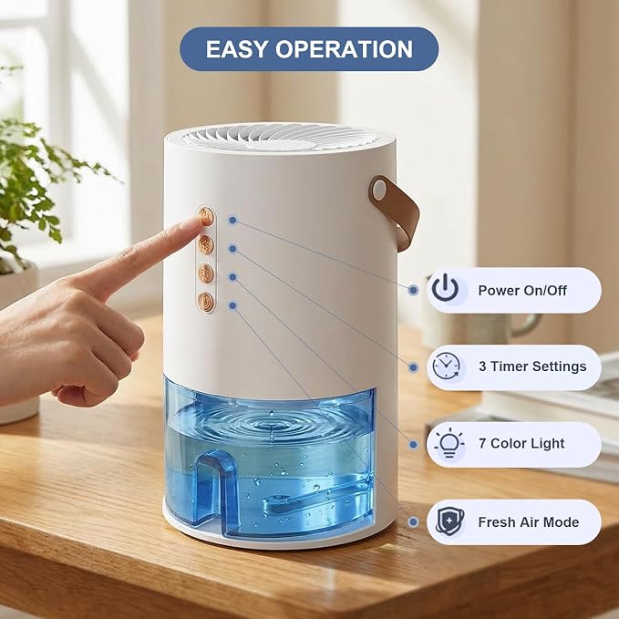 Dehumidifier, 44 OZ Small Dehumidifiers for Home, Bedroom, Bathroom, Fresh Air with Negative Ions & Auto Shut Off, 7 Colors Light & 3 Timer Options, Portable Dehumidifiers for Closet RV