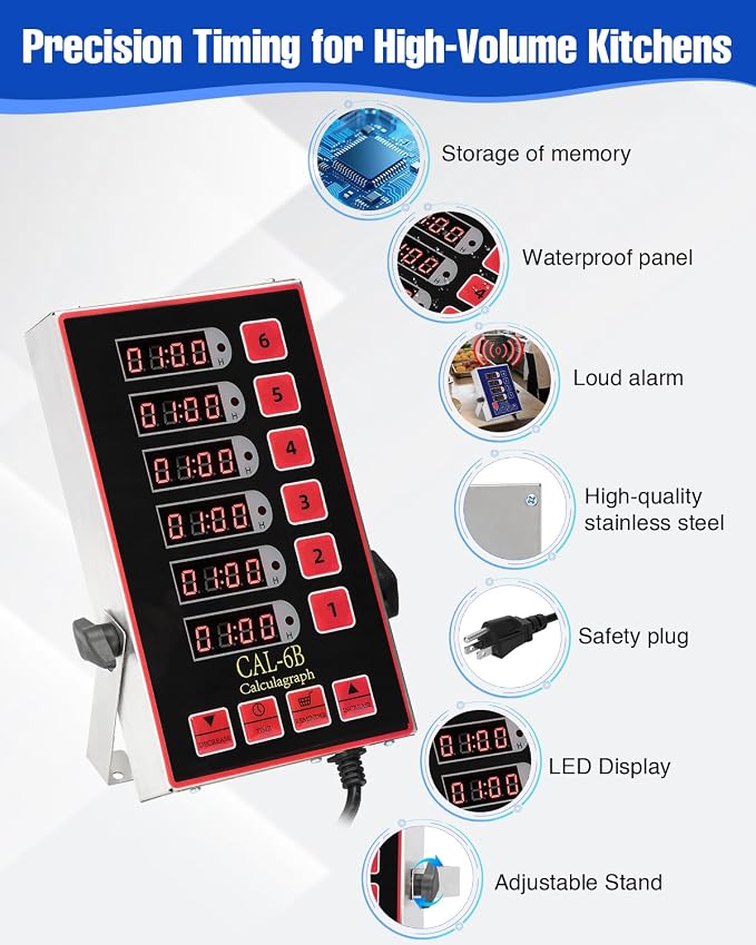 Commercial Kitchen Timer for Cooking, 6 Channel Timer Restaurant Kitchen Supplies, Heavy-Duty Timer - Stainless Steel | Digital LED Technology | Reminder Function | Loud Alarm