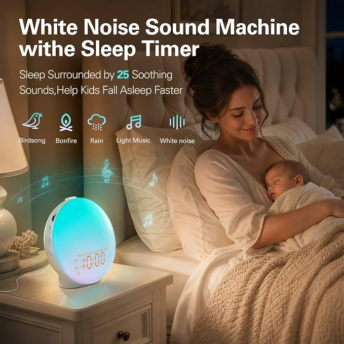 JALL Full Screen Dimmer Sunrise Alarm Clocks for Bedrooms, Wake Up Light with FM Radio, 25 White Noise Sleep Sounds, Bluetooth Speaker, Dual Alarms Bedside Clock for Heavy Sleepers