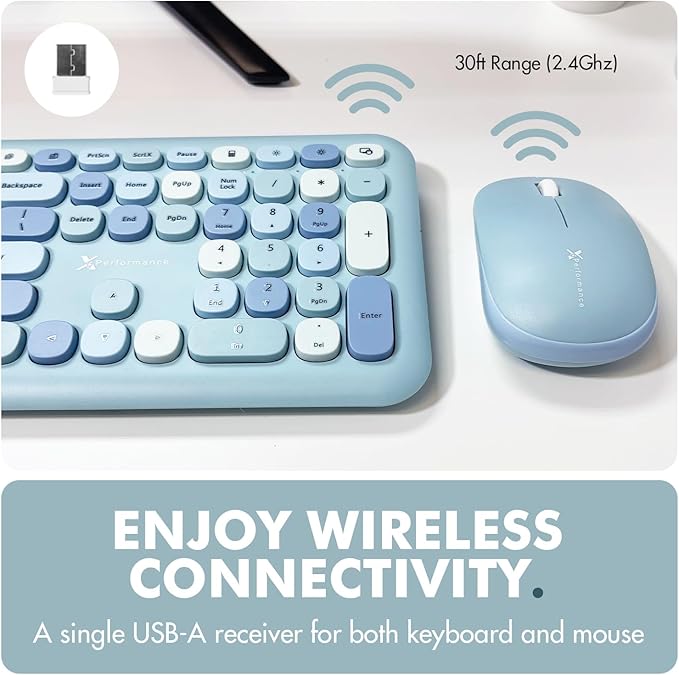 X9 Cute Wireless Keyboard and Mouse Combo - Retro Typewriter Keyboard and Mouse with Round Bubble Keys, 110 Keys and 18 Shortcuts Keyboard - Colorful Blue Keyboard Mouse Combo for PC Computer, Laptop