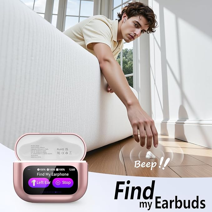 Thunelec Wireless Earbuds with Touch Screen, 2026 New Bluetooth 5.4 Headphones with ANC/ENC Mic, 50H HiFi Stereo Ear Buds with 5 EQ Modes, Transparency Mode, IPX7 Earphones for Running, Rose Glod