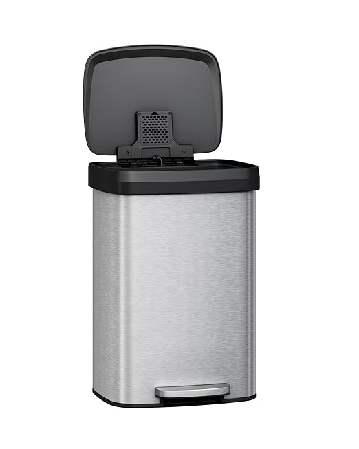 Garvee 13 gal / 50 L Stainless Steel Trash Can with Lid, Large Garbage Can for Kitchen, Rustproof Step-on Kitchen Metal Trash Bin with Liner Rim, Rear Handle, Soft Close Plastic Lid, Silver