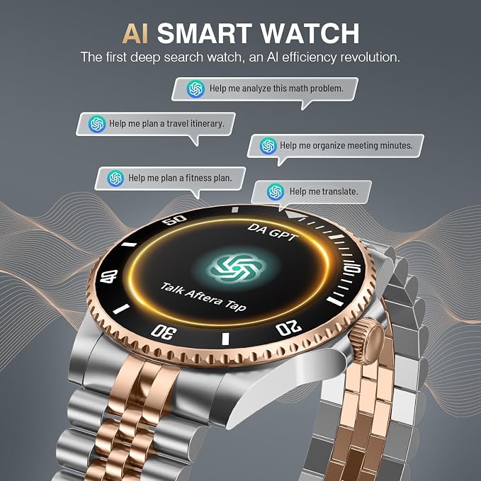 GPT AI Smart Watch with Bluetooth Calls, 1.19-inch AMOLED 44mm, 24/7 Heart Rate, SpO2, Blood Pressure, Sleep Monitor, 107 Sports Fitness Tracker, Smartwatch Compatible Android and iOS Silver Gold