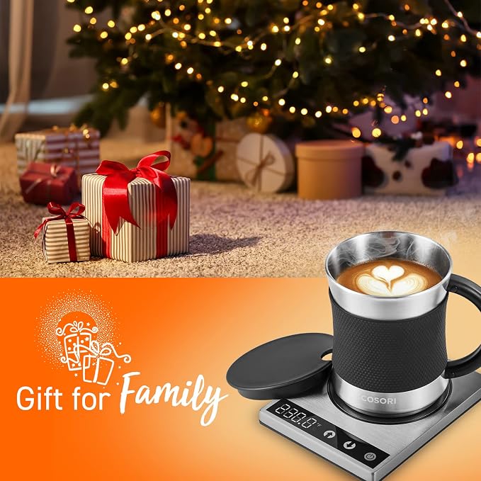 Cosori Coffee Mug Warmer & Mug Set for Desk, Cup Heater, Office, 1°F Precise Temperature Control, Touch Tech & LCD Digital Display (77-194℉), 304 Stainless Steel, Silver/Black