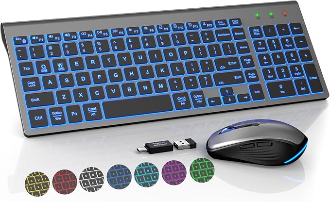 Wireless Keyboard and Mouse Combo Backlit - Compact Quiet Keyboard with RGB Mouse, Rechargeable, Slim, Sleep Mode, Portable Cordless Keyboard Mouse Set for Mac, Windows (Space Gray) - SABLUTE KM61PRO
