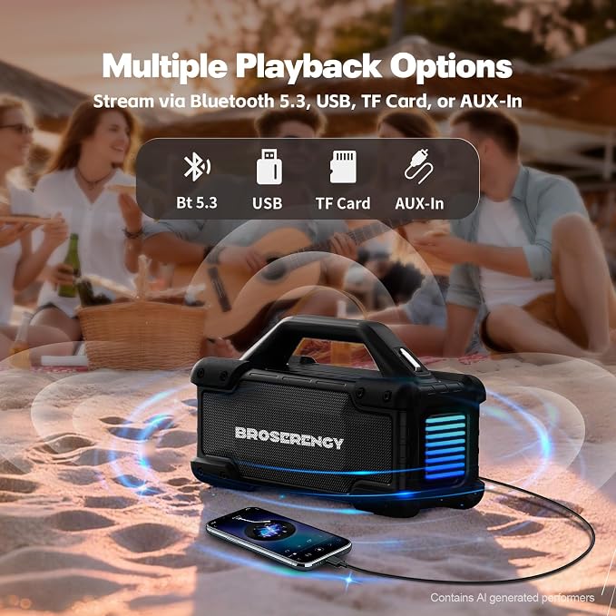 Portable Bluetooth Speaker Wireless Lights, Bluetooth Speaker Loud Stereo Sound, Outdoor Water Resistant Bluetooth Speaker 300W(Peak) Party Lights EQ TWS USB AUX TF IPX6 Party/Beach/Garage, Black