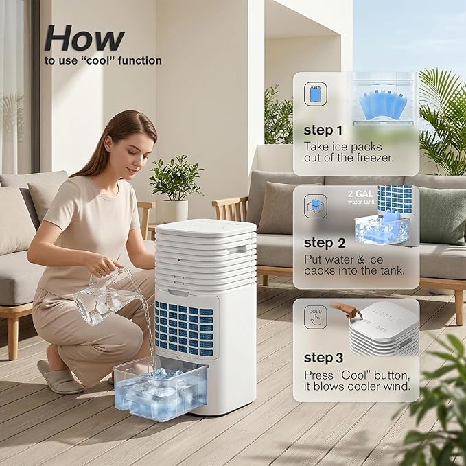 3-IN-1 Portable AC Unit with Remote, 24" Windowless Portable Air Conditioner, 15H Timer & 120°Oscillation, 2-Gal Tank, 3 Modes & 3 Speeds, Ultra-Quiet Ventless Swamp Cooler for Home Office, White