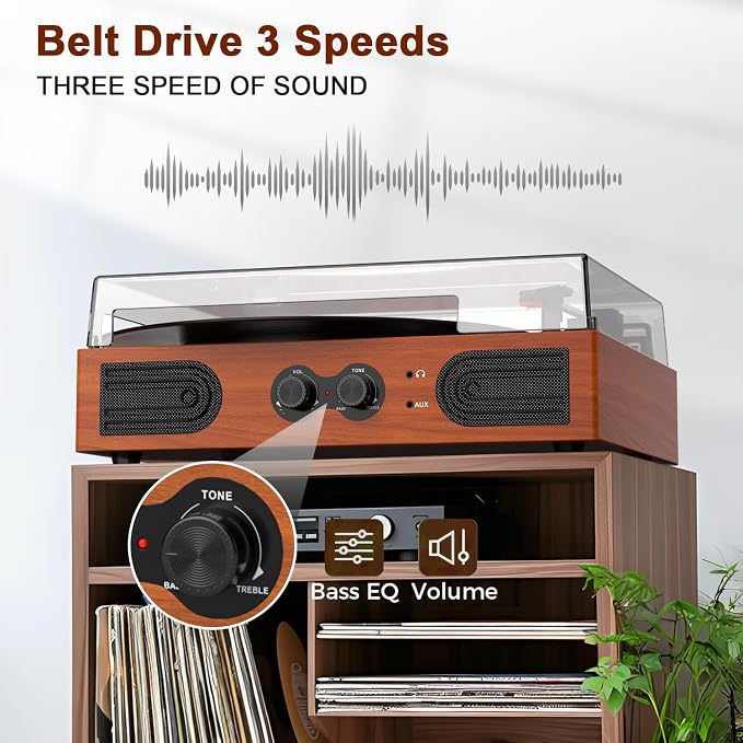 Vinyl Record Player with Built-in Stereo Speakers, 3-Speed Belt-Drive Turntable, Treble & Bass Control, RCA-Out/AUX-in, Headphone Jack Vintage LP Player, Red Wood