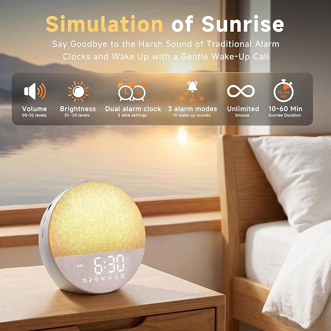 Geuuap Sunrise Alarm Clock White Noise Machine | Natural Wake-Up Light for Bedroom with 30 Soothing Sleep Aids, Bluetooth Speaker, Dimmable Clock, Screen-Free Design for Baby Adults Kids-Grey