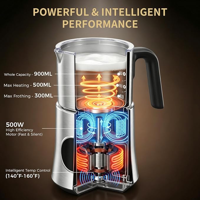 Milk Frother and Steamer, Automatic Hot and Cold Foam Maker with Detachable Stainless Steel Jug, 4-in-1 Electric Frother for Latte, Cappuccinos, Macchiato, and Hot Chocolate