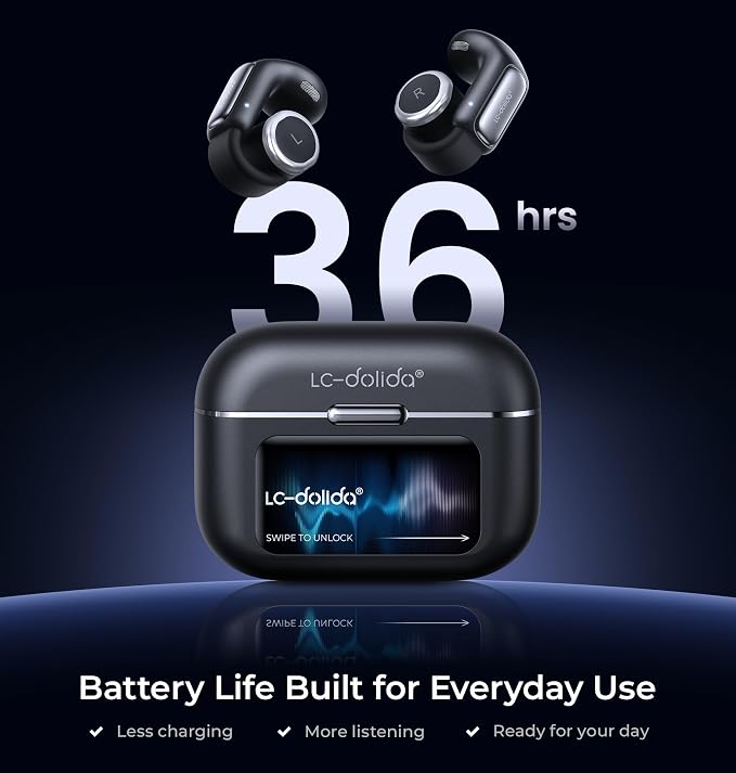 LC-dolida Open-Ear Wireless Earbuds with Smart LED Display Case, Clip On Earbuds All-Day Comfort & Situational Awareness, Case Control for Volume, EQ, Music, Find My Earbuds & Camera, Timer (Black)