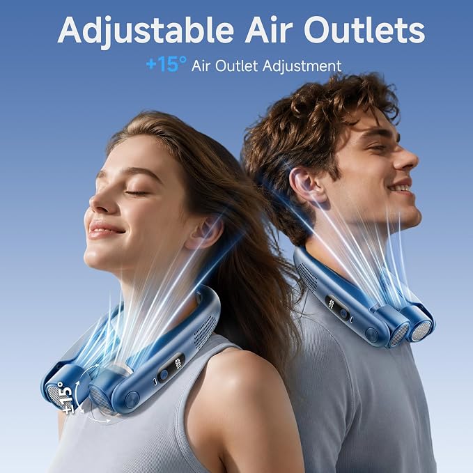 Portable Neck Fan with Cooling Plates, 6000mAh Rechargeable Wearable Fan with 1-100 Speed Control, Hands-Free Personal Cooling Fan with Digital Display, Adjustable Air Outlets for Travel Outdoor-Blue