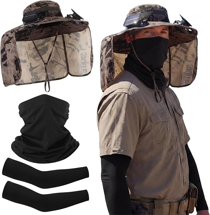 3 Pcs Solar Fan Hat with Arm Sleeves Neck Gaiter Wide Brim Sun Hat Solar Powered USB Charging for Men Women