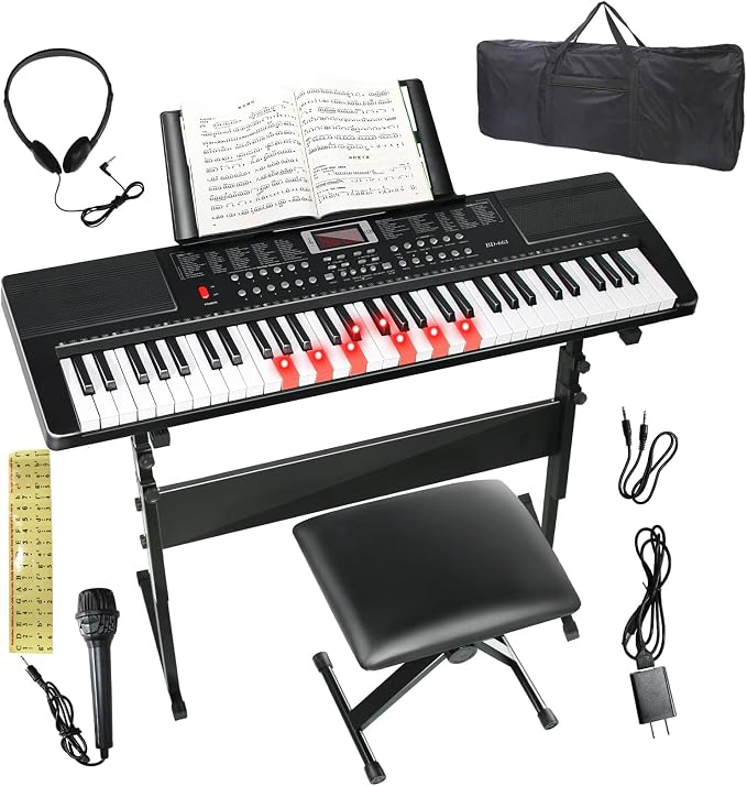 Keyboard Piano 61 Key Electric Piano Keyboard for Beginners/Professional, Full Size Light Up Music Keyboard Built-in Dual Speakers with LED Display, Stand, Music Stand, Microphone, Bench (Black A)