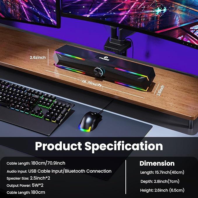 Tylubio Computer Speakers for Pc Desktop with Clear Sound, Flowing LED PC Speaker for Computer Desktop Laptop Monitor, Bluetooth & USB Input Black
