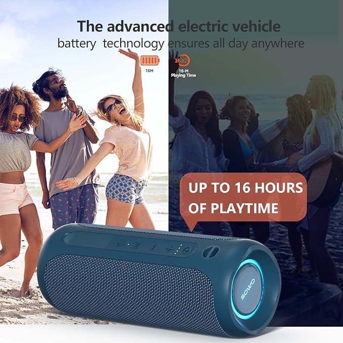 SOWO Portable Bluetooth Speaker, IPX7 Waterproof Wireless Bluetooth Speaker | Bassboom Technology, 25W Loud Stereo Sound, LED Light with TWS Pairing, 16H Playtime for Home and Outdoor -Blue