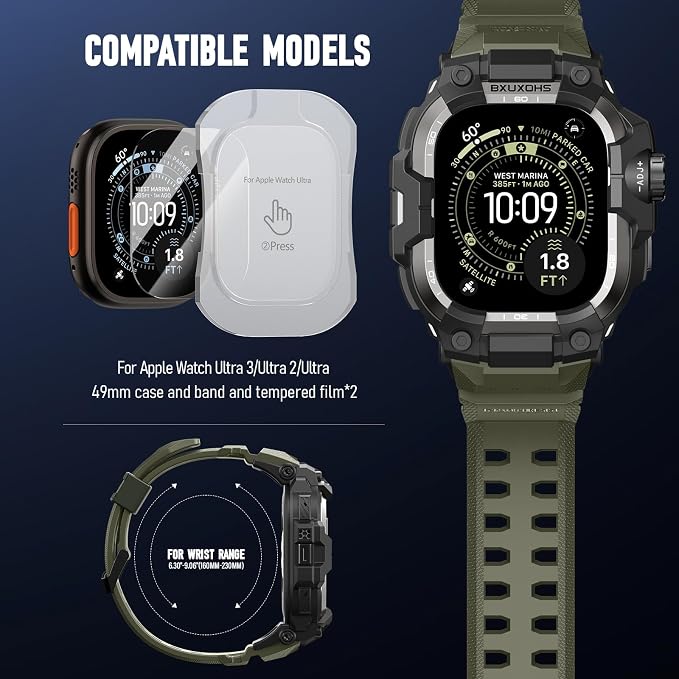 BXUXOHS Rugged Case and Band for Apple Watch Ultra 3/2/1 49mm Men, Military Grade Shockproof Bumper Cover, with 2 Pack Screen Protector, Tactical Band Case for iWatch Ultra 3 2 1 Man, Army Green