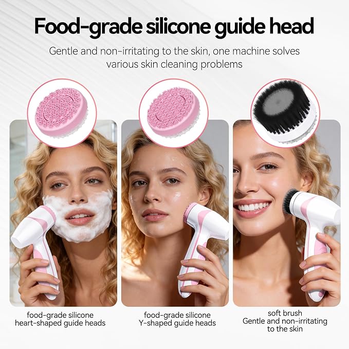 Rechargeable Facial Cleansing Brush – Dual Rotating Electric Face Scrubber with 3 Brush Heads, Waterproof Exfoliator for Deep Cleansing, Valentine's Day Gifts for Her, Mom (Pink)