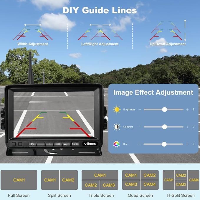 VTimes Wireless Backup Camera 2 Cameras, RV Backup Camera System with 7" Monitor for Truck, 4 Channels Split Screen, BSD Alert, 984ft Signal Range, IP69K Waterproof IR Night Vision, DIY Guide Lines
