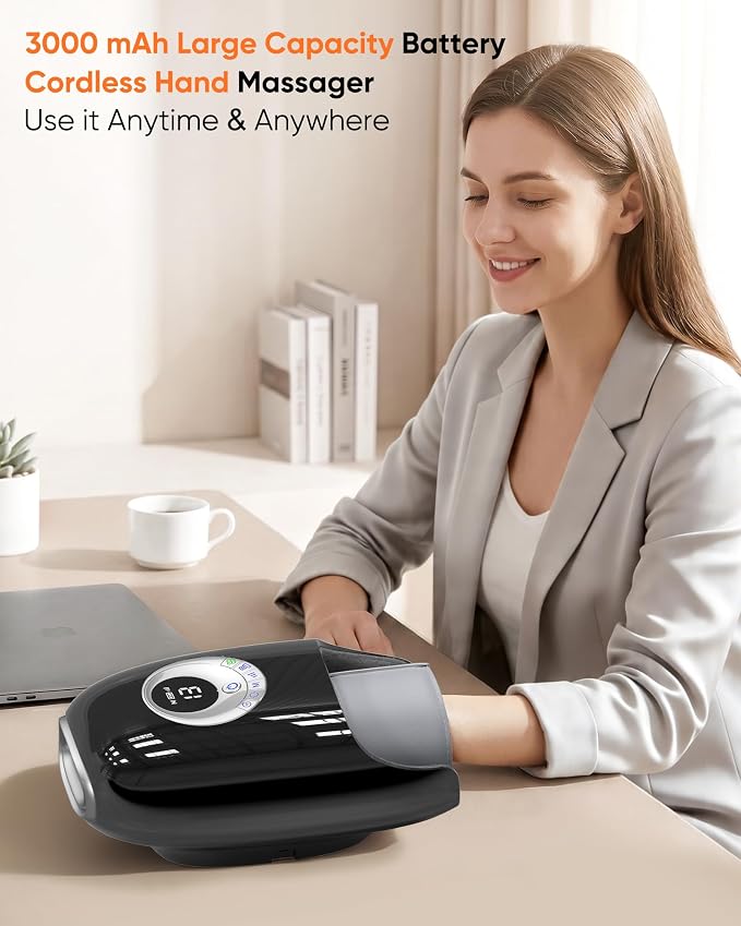 JZBRAIN Hand Massager with Heat and Compression : Full Hand & Wrist Massage, Cordless Electric Hand Massager with 6 Modes & 6 Intensities for Seniors, Office Daily Comfort & Relaxation (Black)