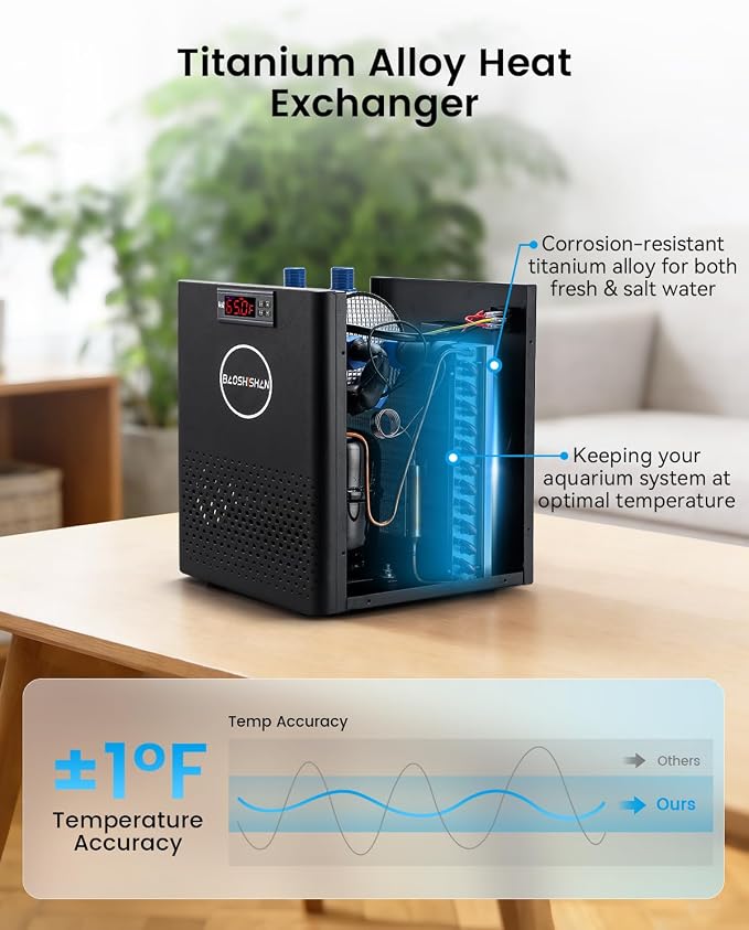 BAOSHISHAN Aquarium Chiller 26 Gallon 1/13 HP Water Cooling System | Quiet Compressor Refrigeration Aquarium Water Chiller, with Pump and Tubing, Ideal for 20-30 Gallon Axolotl Fish Reef Tank