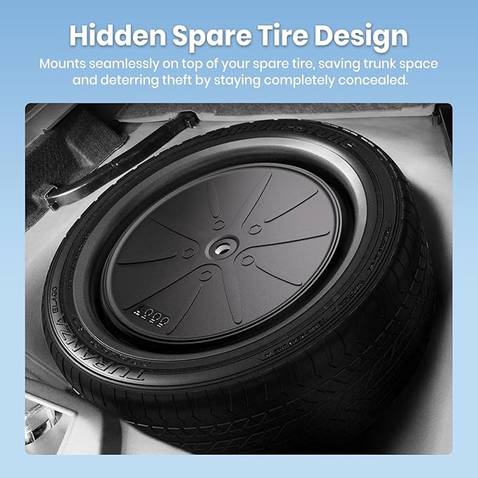 Junsun 800W Powered 12" Spare Tire Car Subwoofer with Built-in Amp & Remote - Anti-Theft Hidden Design, Deep Bass, Easy Plug & Play Install for Most Vehicles (Includes Wire Kit)