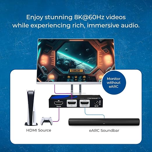 OREI eARC 8K Audio Extractor, Extract Dolby Atmos Convert Sound bar 4K @ 120hz 18G HDMI 2.0 ARC Support HDCP 2.2 Perfect for 8K Monitors, HDR, Dolby Vision, HDR10 Support Sonos Bose (BK-929)
