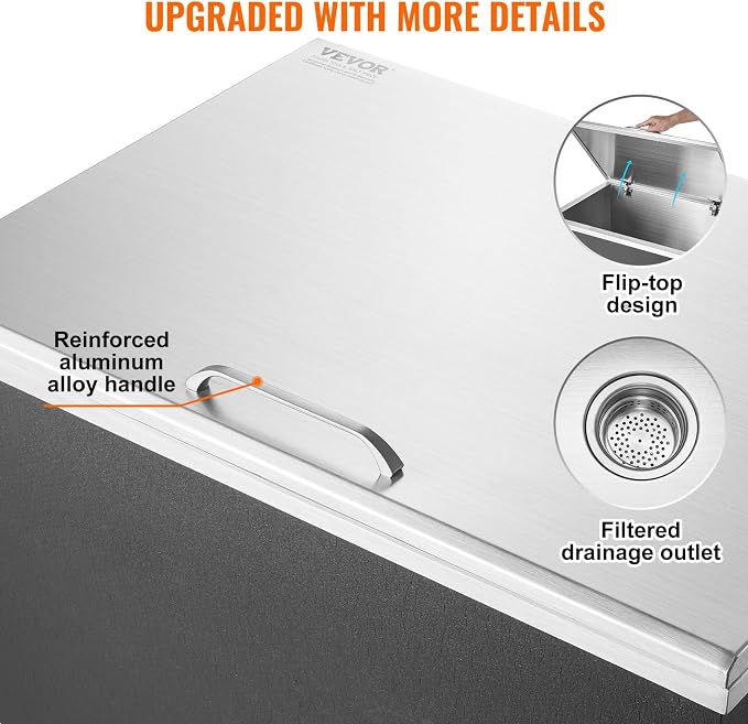 VEVOR Drop in Ice Chest, 28" L x 20" W x 17" H Stainless Steel Ice Cooler, Commercial Ice Bin with Hinged Cover, 114 qt Outdoor Kitchen Ice Bar, Drain-Pipe and Drain Plug Included, for Cold Wine Beer